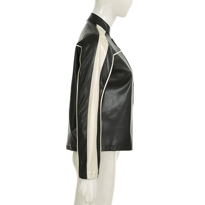 BIKER STYLE BLACK WHITE PATCHWORK LEATHER  JACKET