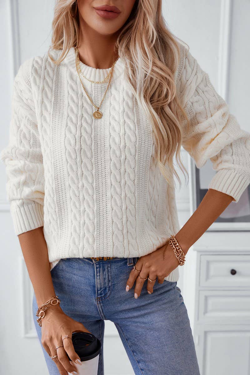 CWOSWL2867_CREW NECK TWIST CABLE KNIT SWEATER