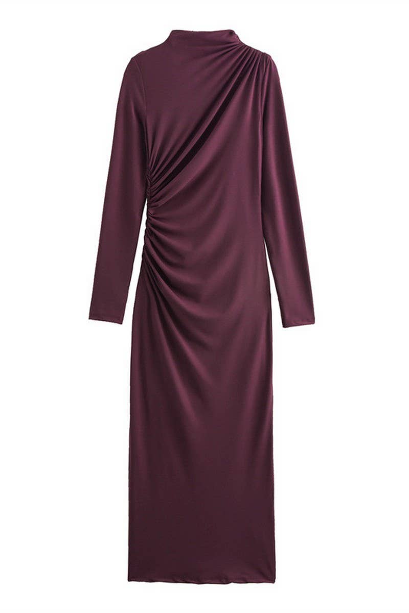 CWDMD4183_SOLID COLOR HALF TURTLENECK LONG PLEATED DRESS