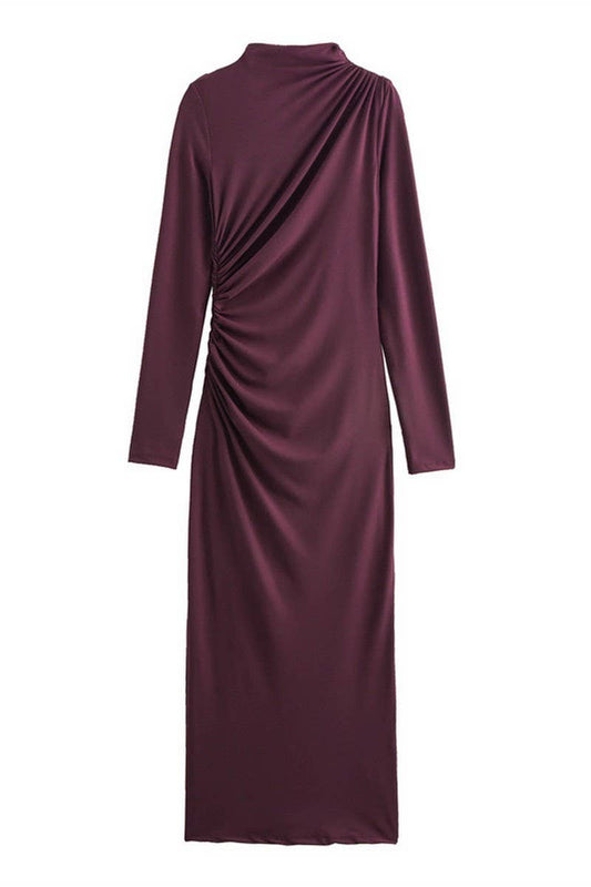 CWDMD4183_SOLID COLOR HALF TURTLENECK LONG PLEATED DRESS