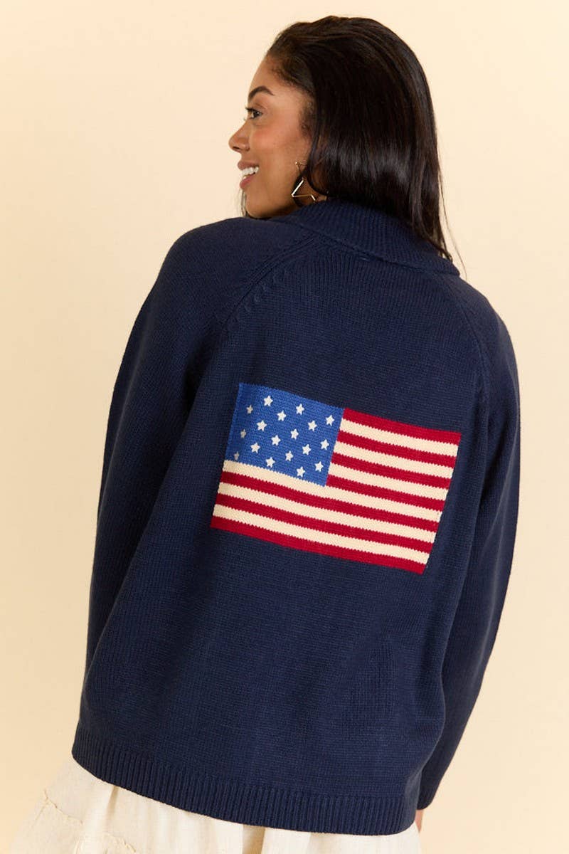 CWOCAL2360_FLAG PRINT V-NECK LOOSE KNIT CARDIGAN SWEATER