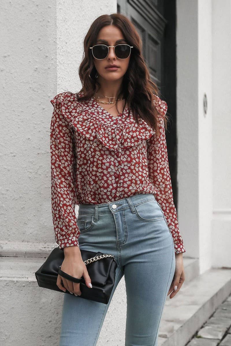 CWTBLL0708_V-Neck Ruffle Long Sleeve Print Blouse