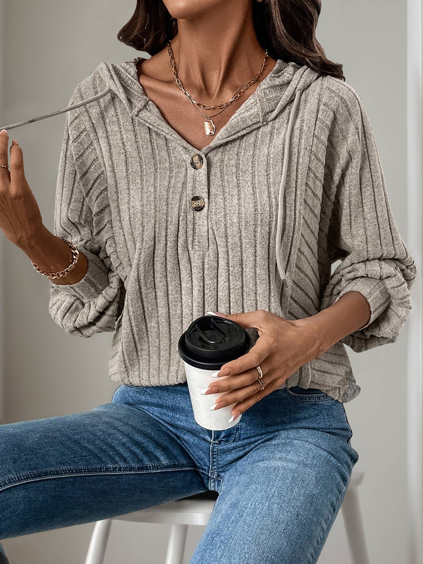 Casual striped hooded solid-color knitted top