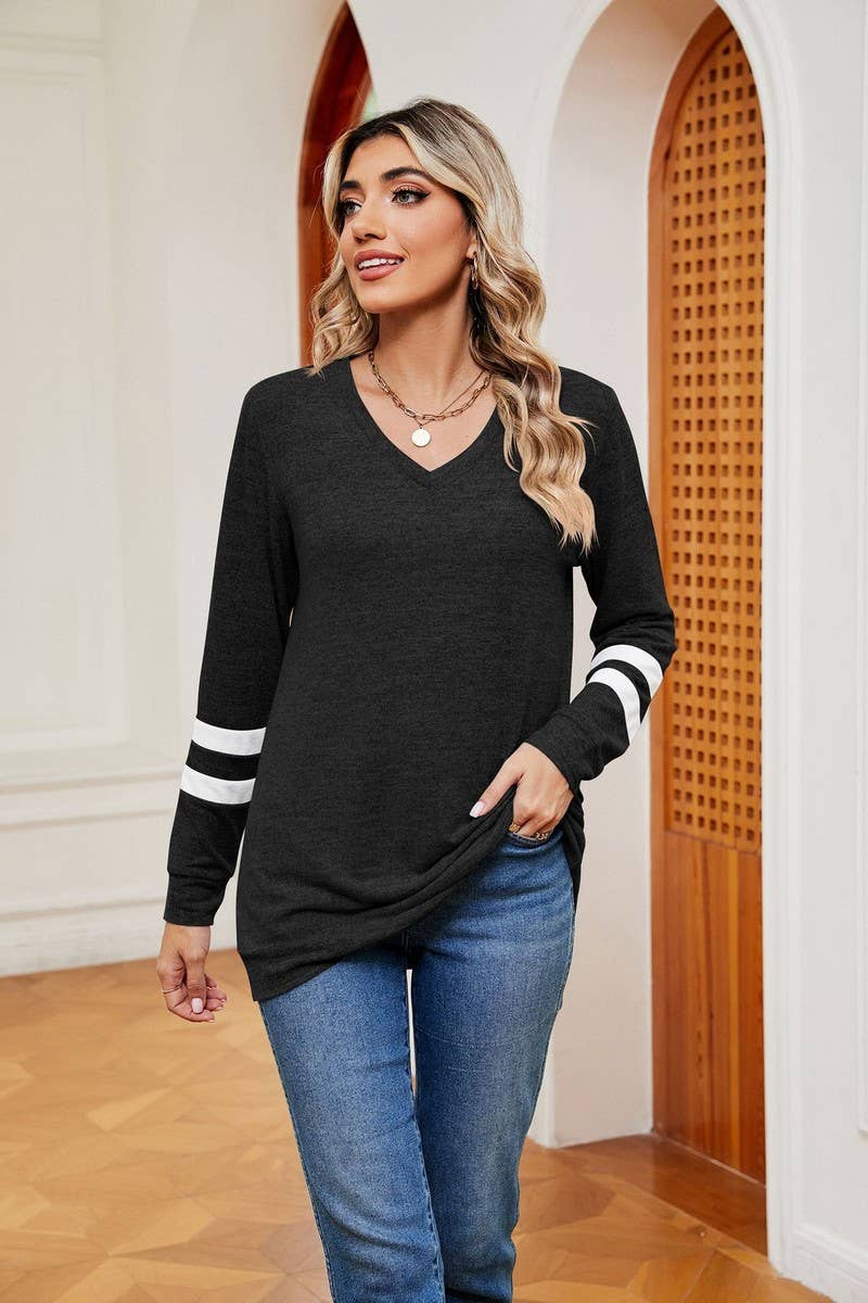 CWTBLL2392_V-NECK LONG-SLEEVED CONTRAST COLOR LOOSE TOP
