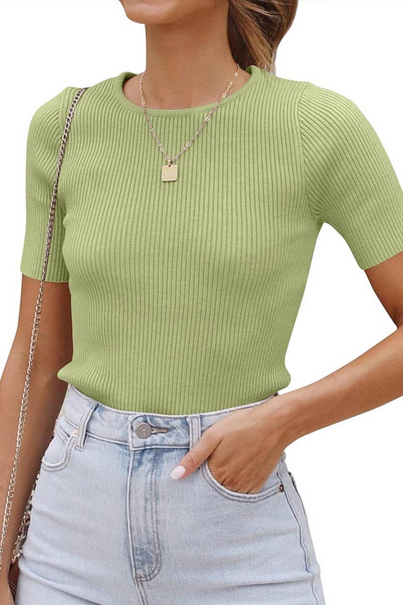 CWTBLS1708_SOLID COLOR ROUND NECK TIGHT KNIT TOP