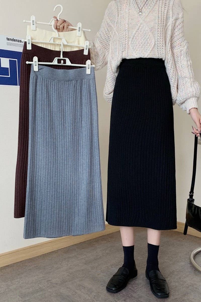 CWBLS0299_SLIT HIP-HUGGING HIGH-WAISTED KNITTED SKIRT
