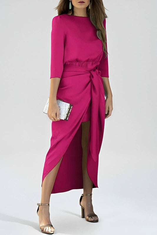 CWDMD01218_SOLID COLOR THREE-QUARTER SLEEVE TIE DRESS