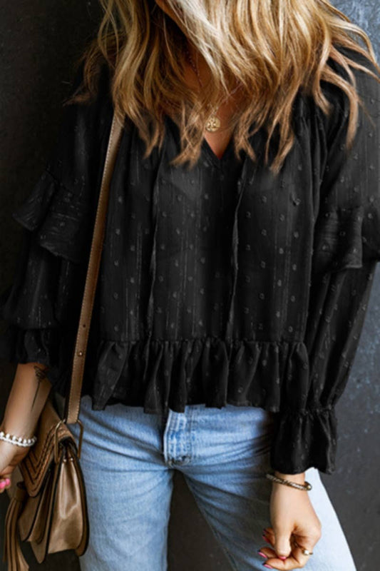 CWTBLL3096_FALL V-NECK RUFFLED LONG SLEEVE FLORAL TOP