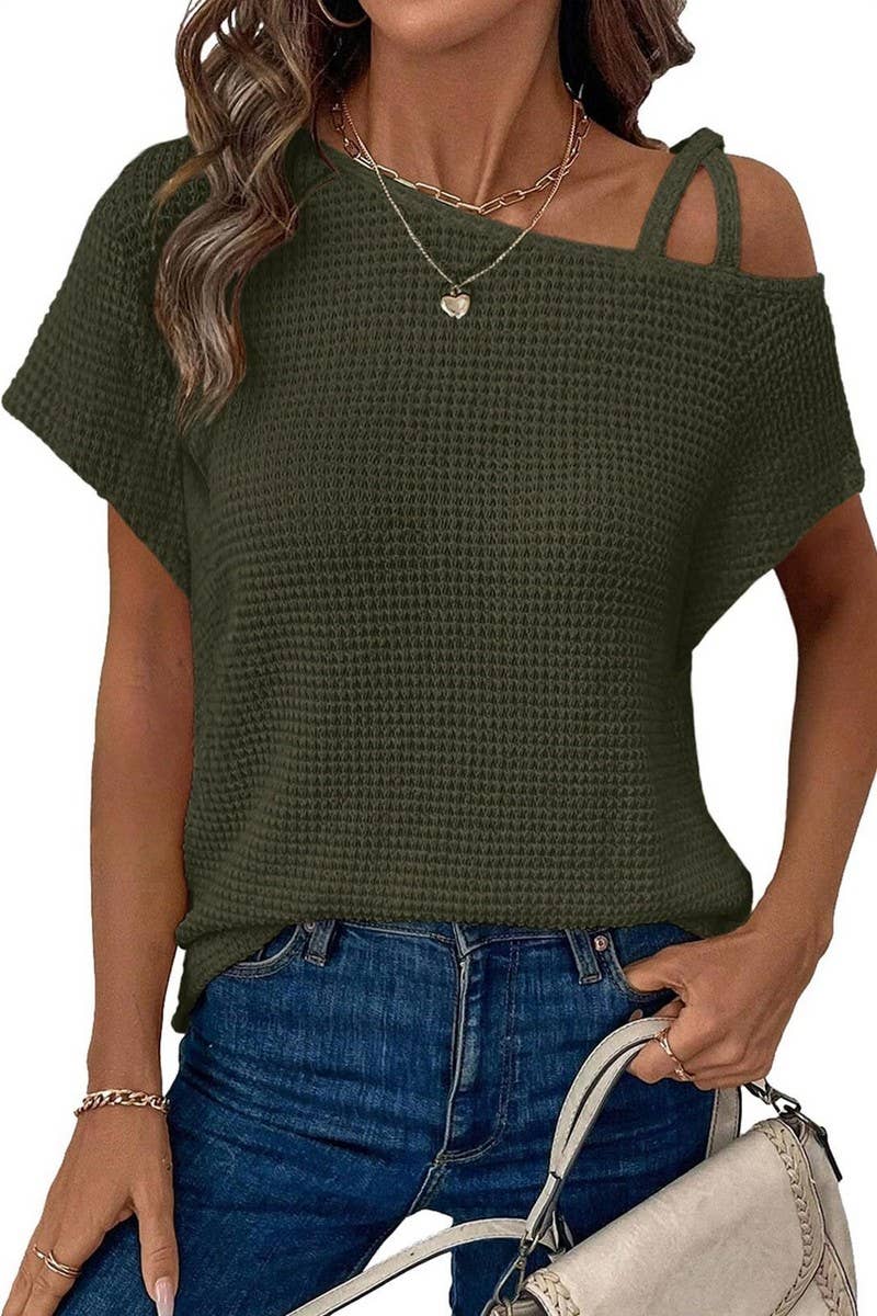 CWTBLS1617_SOLID COLOR OFF-SHOULDER SHORT-SLEEVED KNIT TOP