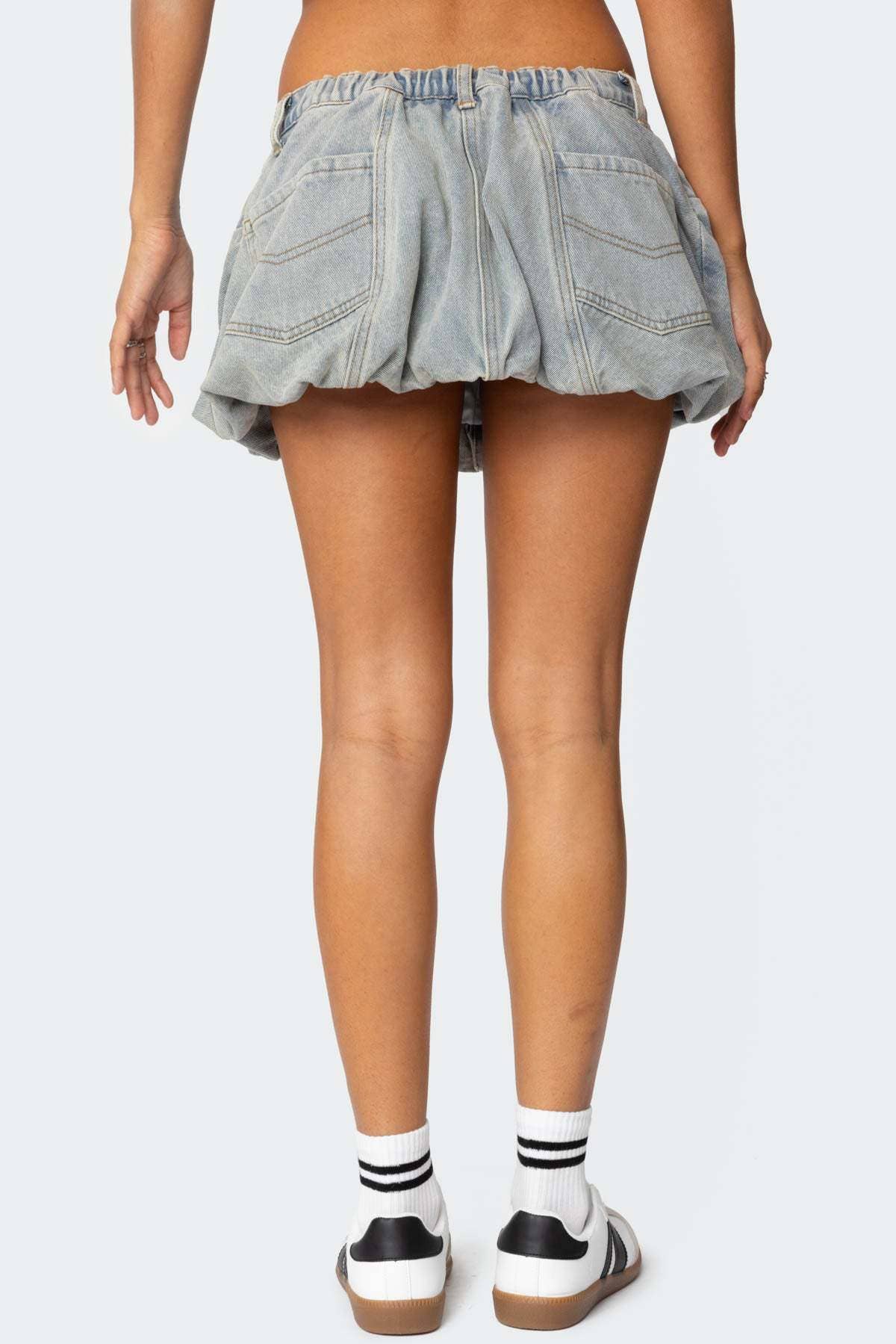 3D pocket vintage flared denim skirt