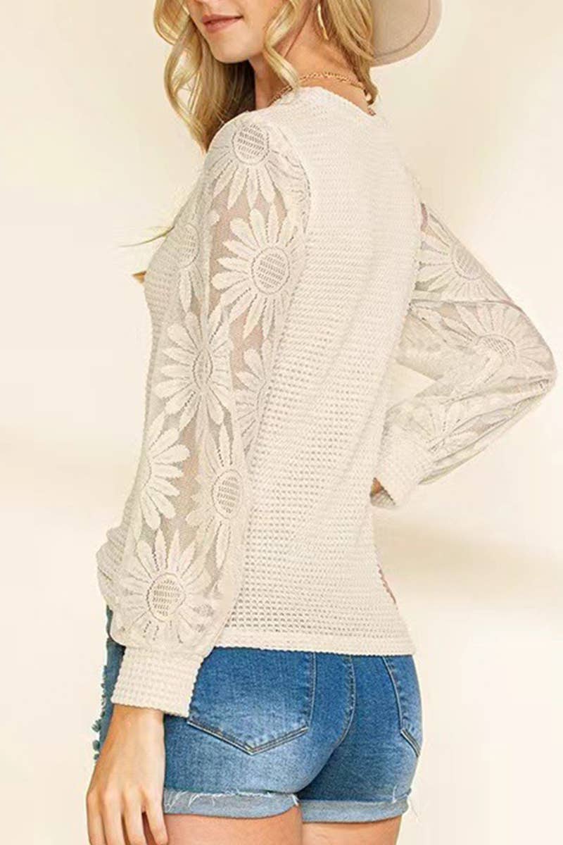 CWTTL2029_AUTUMN FASHION PINEAPPLE LACE SLEEVE PULLOVER