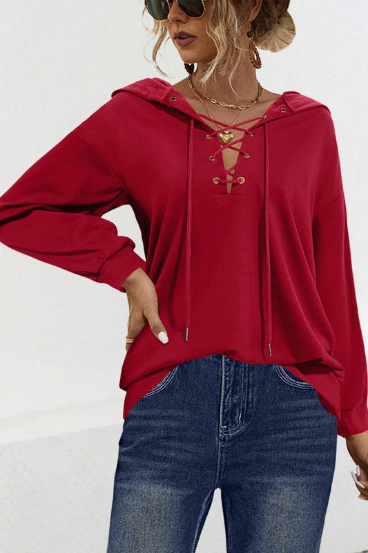 CORNS LACE-UP SOLID COLOR HOODED CASUAL HOODIE