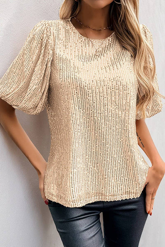 CWTBLS1849_ROUND NECK RETRO BELL SLEEVE SEQUIN TOP