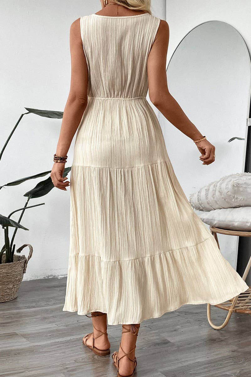 CWDMD5278_SOLID TEXTURED SLEEVELESS BEACH DRESS