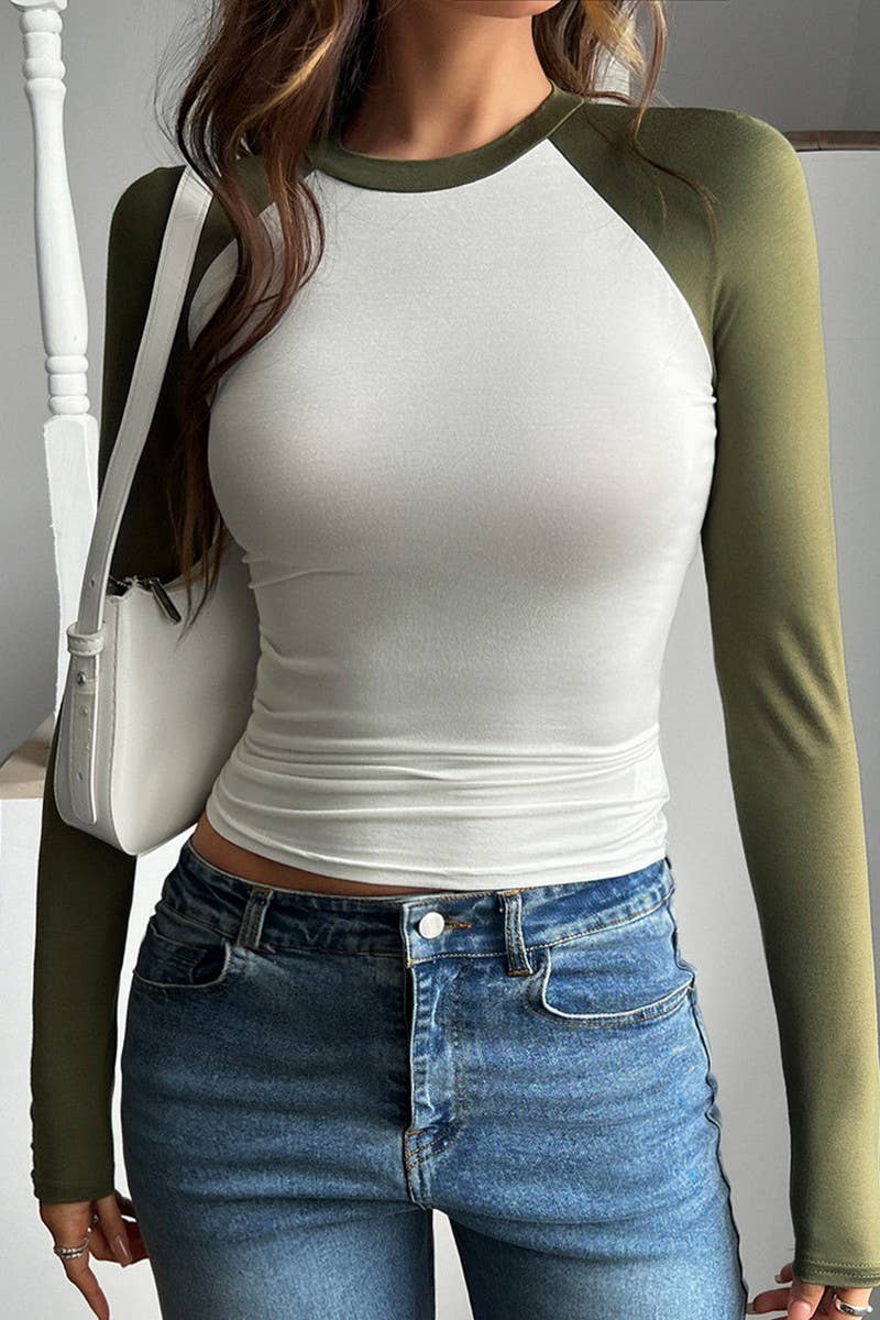 CWTTL2026_SEXY ROUND NECK CONTRAST COLOR LONG SLEEVE T-SHIRT