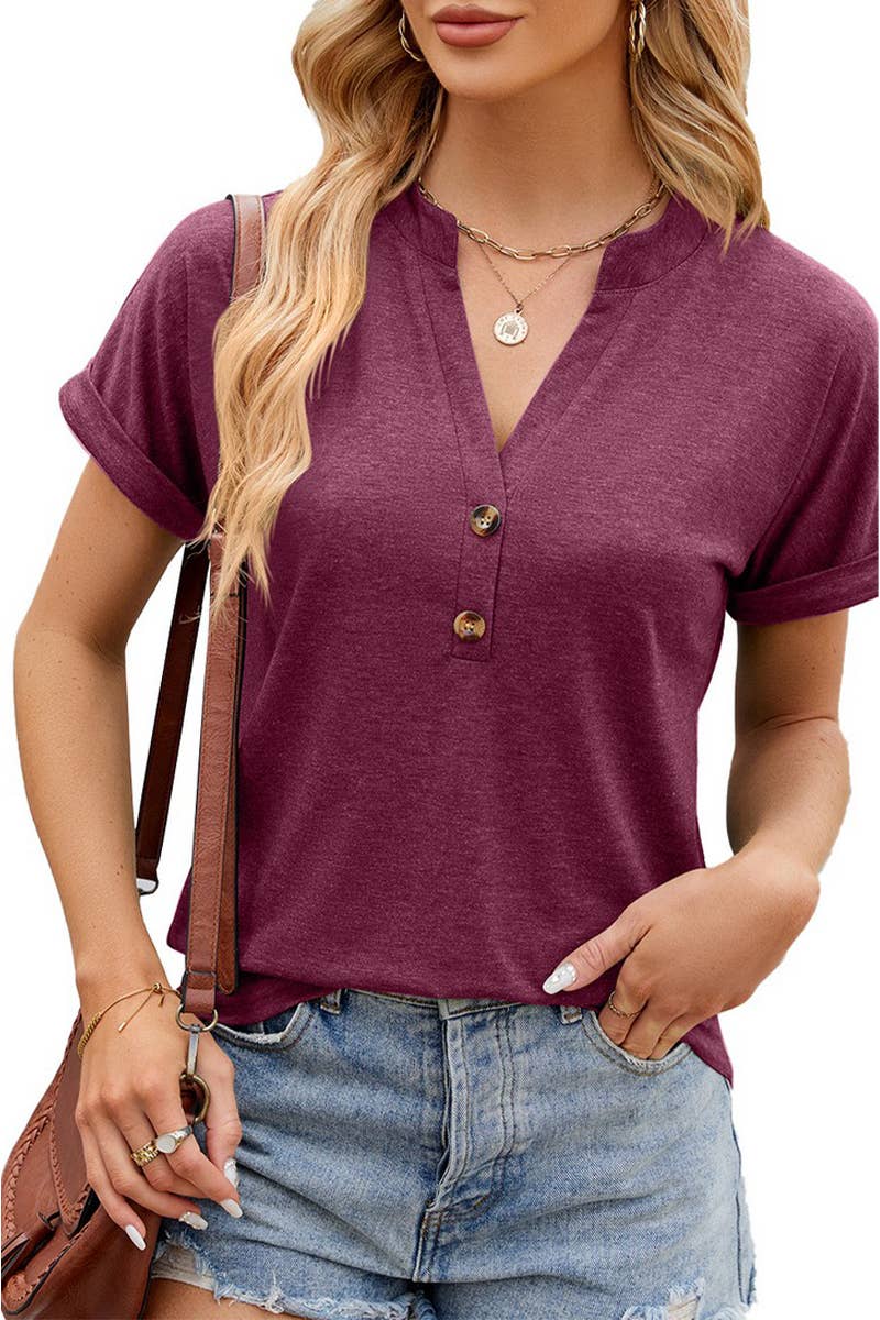 CWTTS1348_SOLID COLOR V-NECK BUTTON SHORT-SLEEVED T-SHIRT