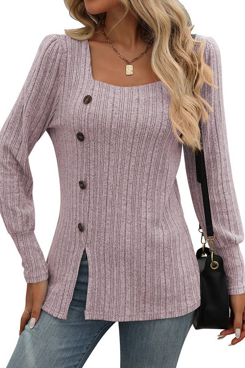 CWOSWL6829_SQUARE NECK BRUSHED SOLID COLOR LONG SLEEVE TOP