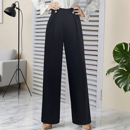 Elegant button-knitted stretch wide-leg pants