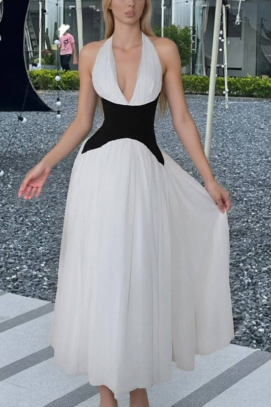 CWDMD6427_SEXY V-NECK HALTER NECK COLOR MATCHING WAIST DRESS