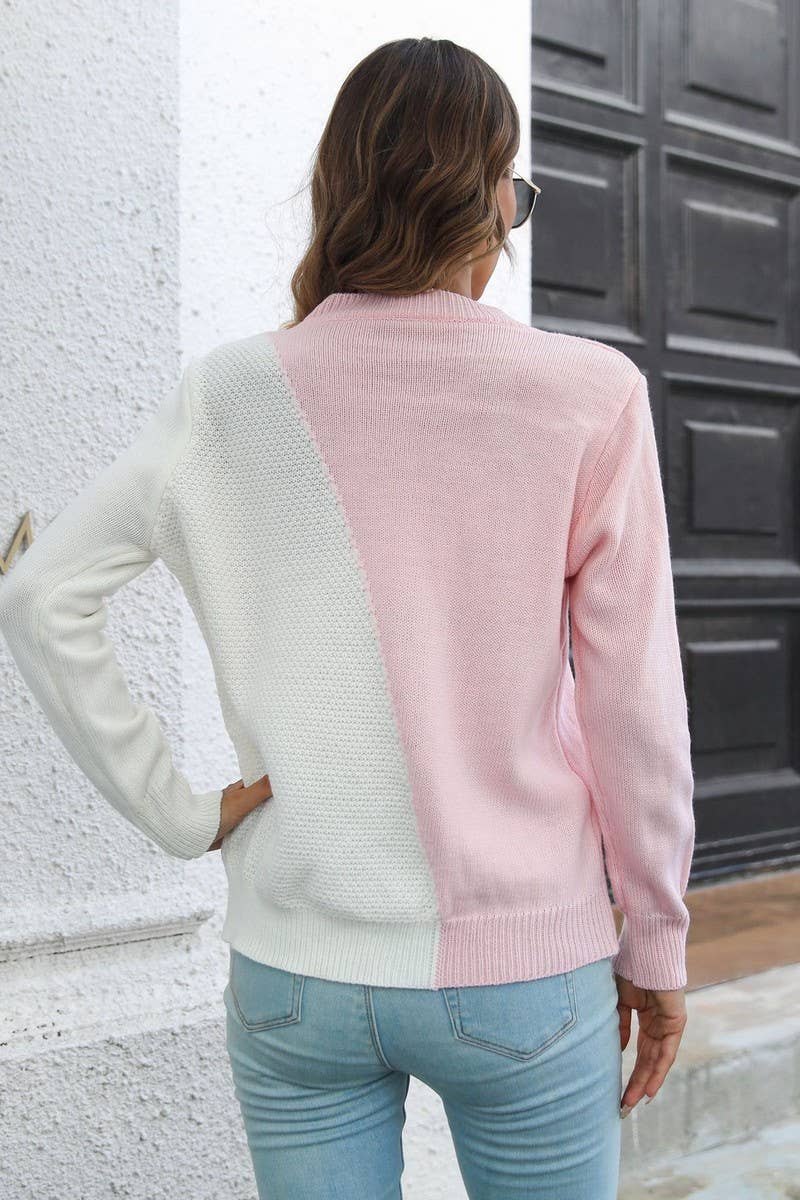 CWOSWL4087_CONTRAST COLOR CABLE KNITTED LONG SLEEVE SWEATER