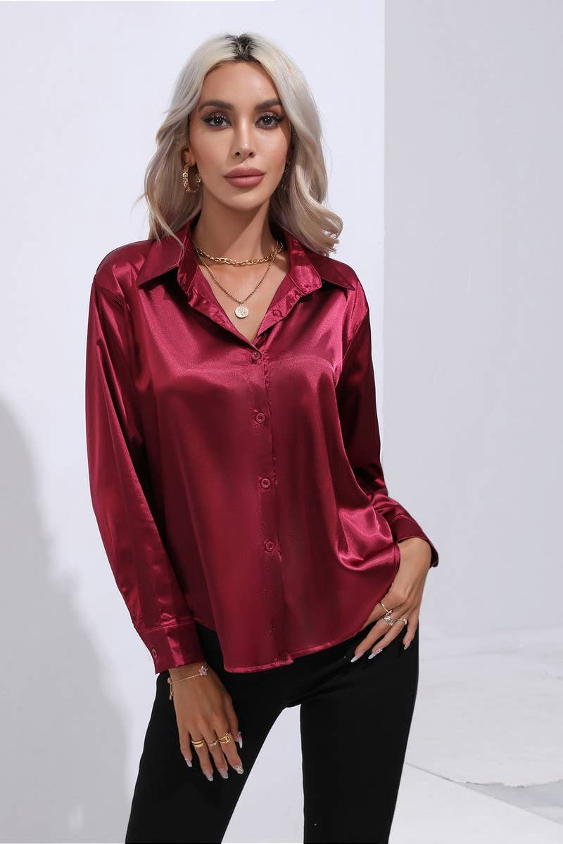 CWTBLL0690_Button Down Silky Satin Long Sleeve Top