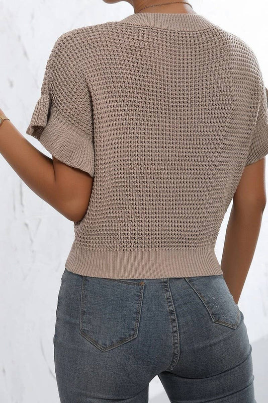 CWOSWS0105_TWISTED RUFFLE SHORT-SLEEVED KNITTED PULLOVER TOP