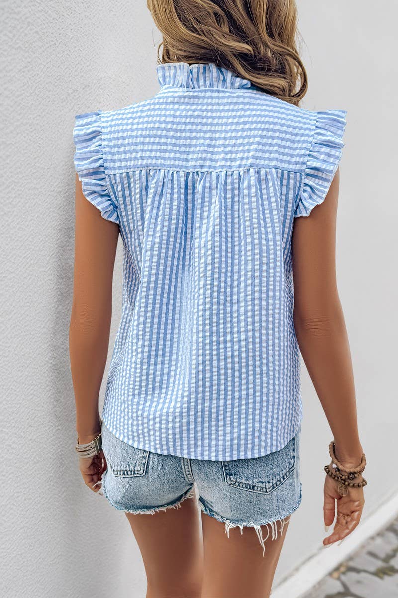 CWTBLS1991_STRIPED LACE TRIM RUFFLE SLEEVE CARDIGAN SHIRT