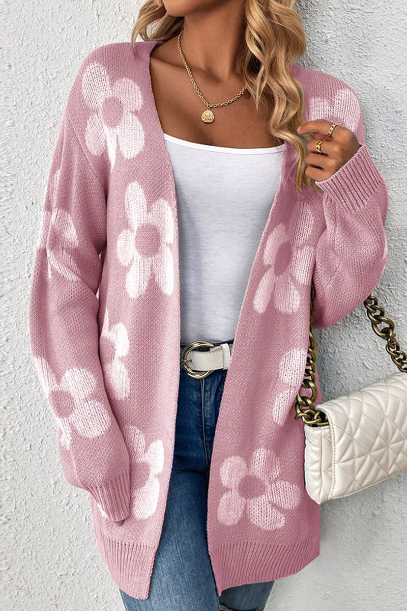 CWOCAL0755_MID-LENGTH CONTRASTING FLORAL KNITTED CARDIGAN