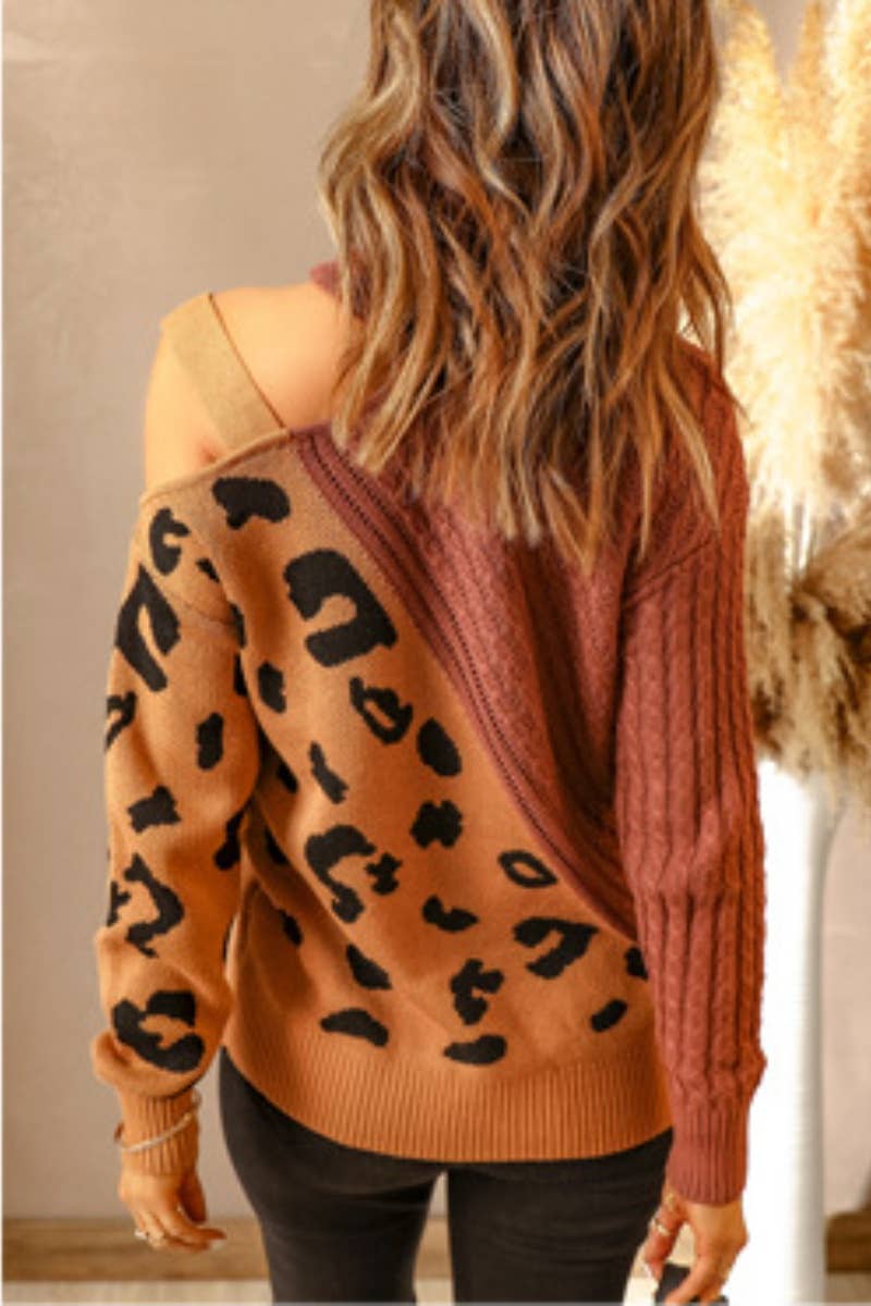 CWOSWL6674_LEOPARD PRINT OFF-THE-SHOULDER BUCKLE SWEATER
