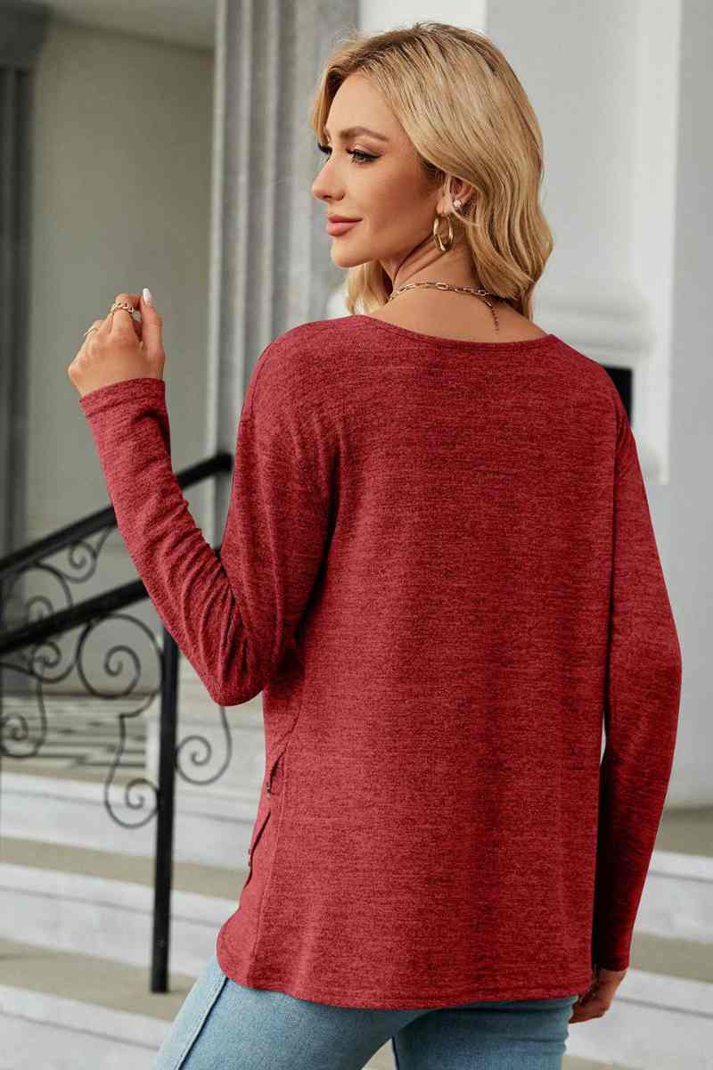 CWTBLL2839_BIG CREW-NECK LONG SLEEVE SPLIT BUTTON TOP