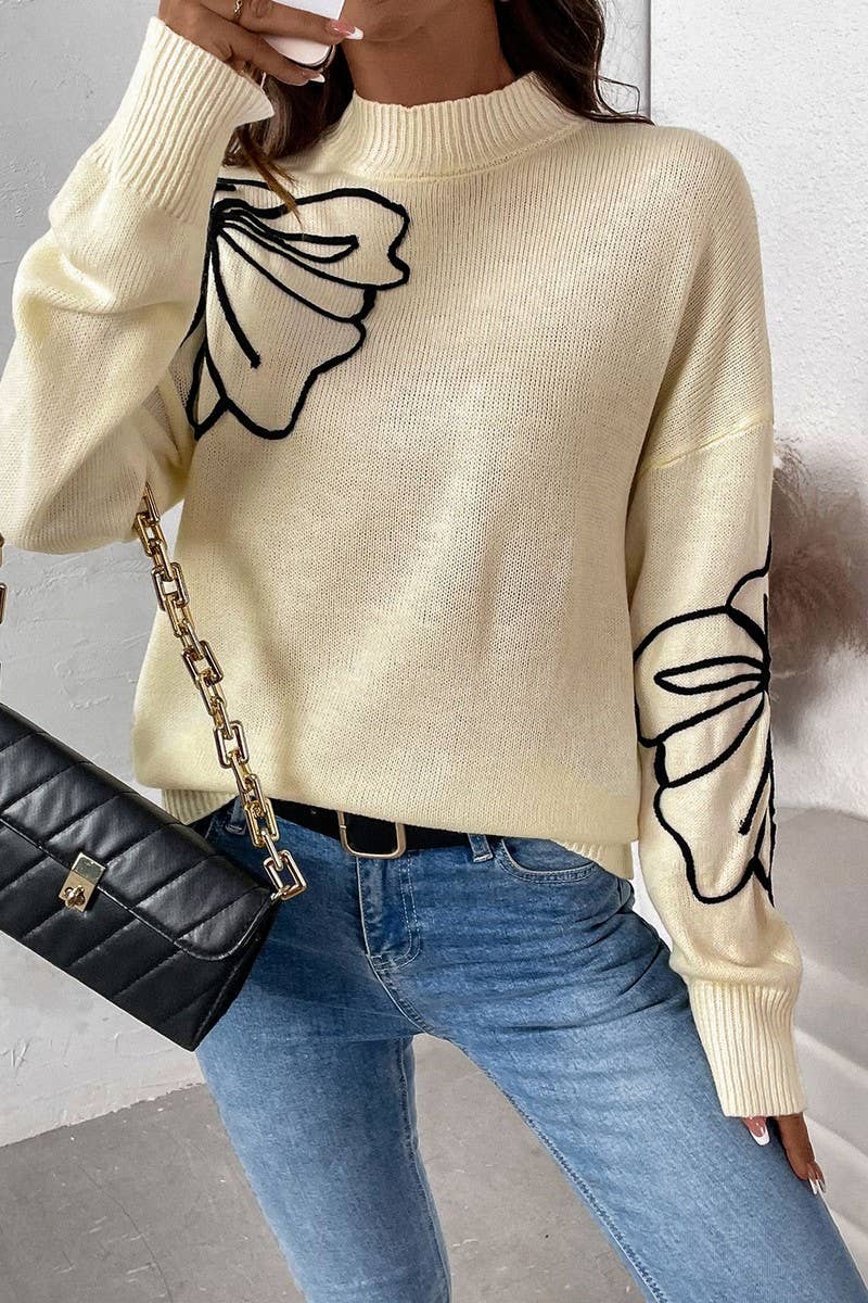 CWOSWL6836_AUTUMN WOMEN'S HALF TURTLENECK FLORAL SWEATER