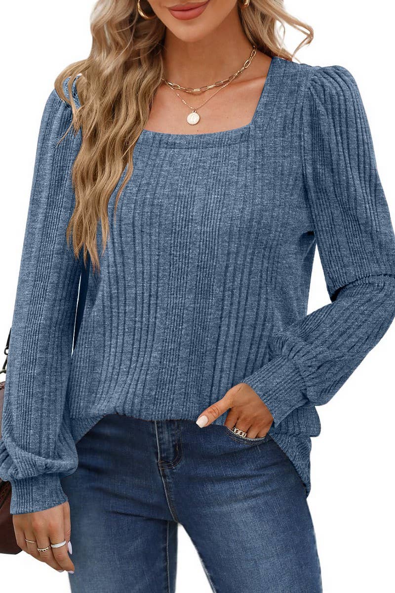 CWTBLL3198_SQUARE NECK BRUSHED LANTERN SLEEVE TOP