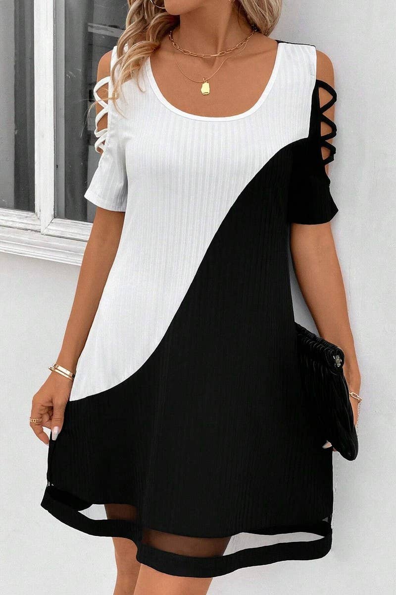 CWDSD7555_TEMPERAMENT COLOR MATCHING HOLLOW MESH DRESS