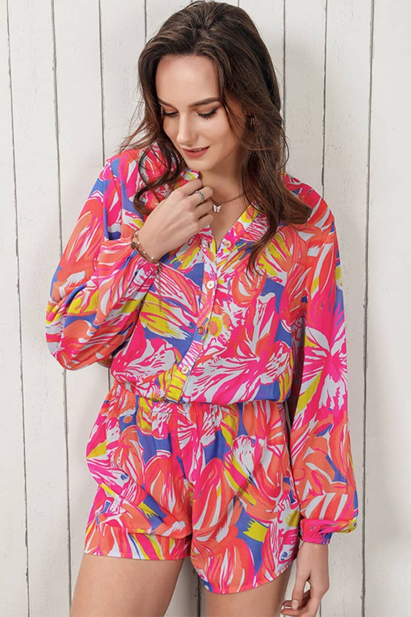 CWSS0732_V-NECK LONG SLEEVE PRINTED TOP SHORTS SUIT