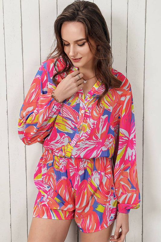 CWSS0732_V-NECK LONG SLEEVE PRINTED TOP SHORTS SUIT