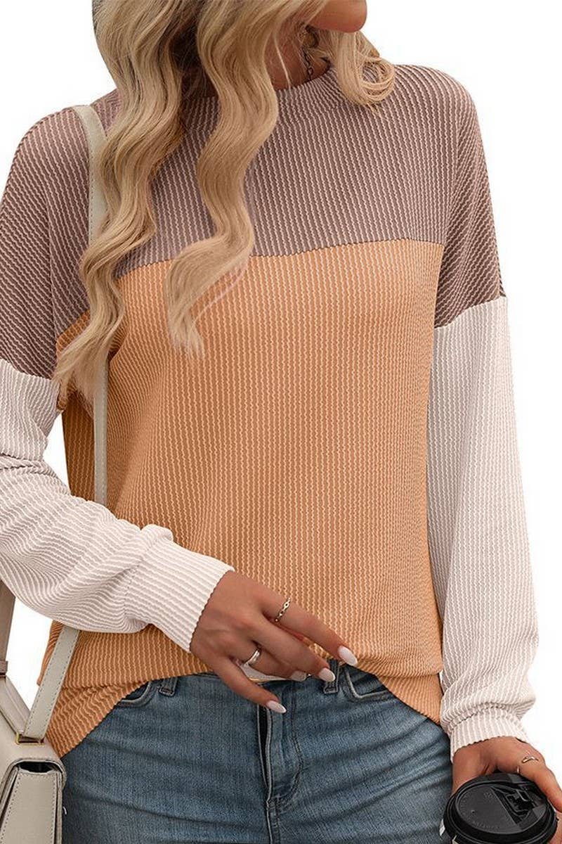 CWTBLL1490_ROUND NECK TWIST COLOR BLOCK LONG SLEEVE T-SHIRT