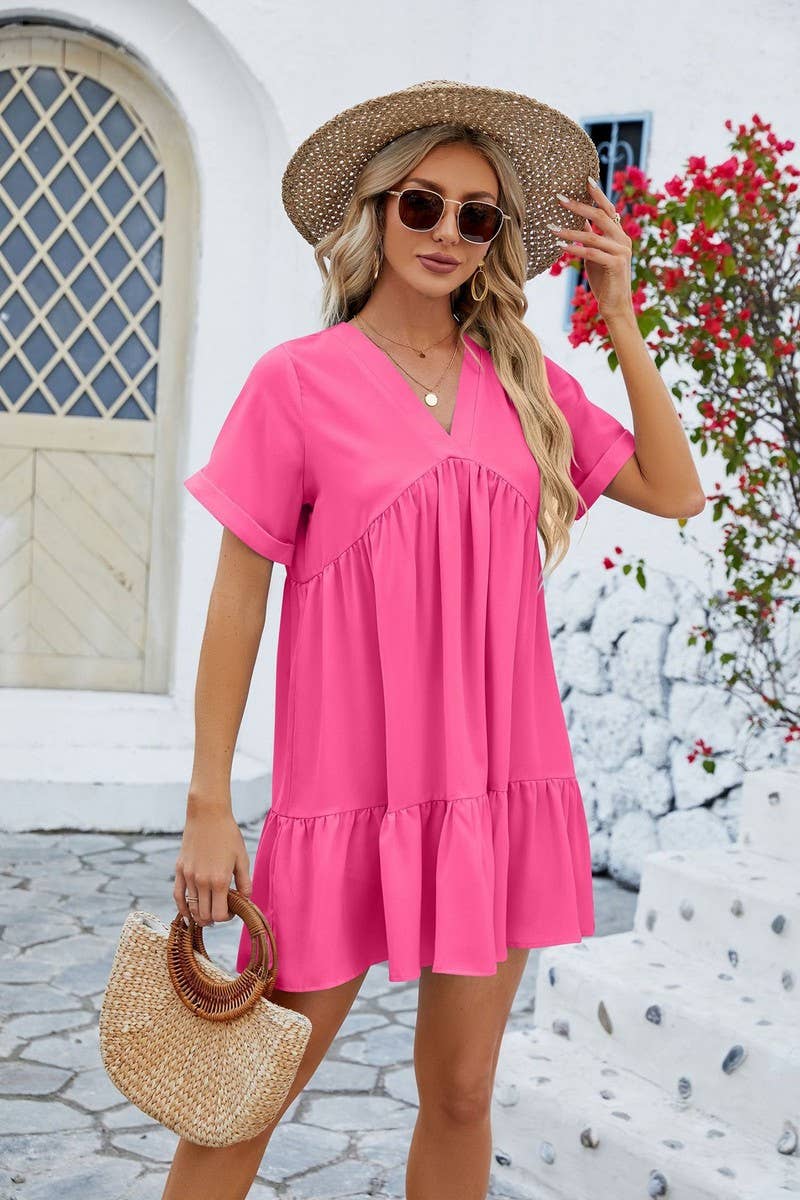 CWDSD3113_V Neck Tiered Short Sleeve Dress