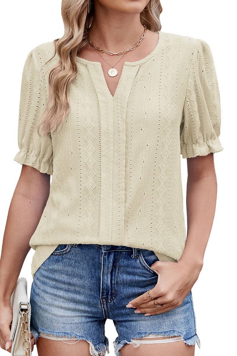 CWTBLS2276_V-NECK RUFFLE SLEEVE SOLID CASUAL T-SHIRT TOP