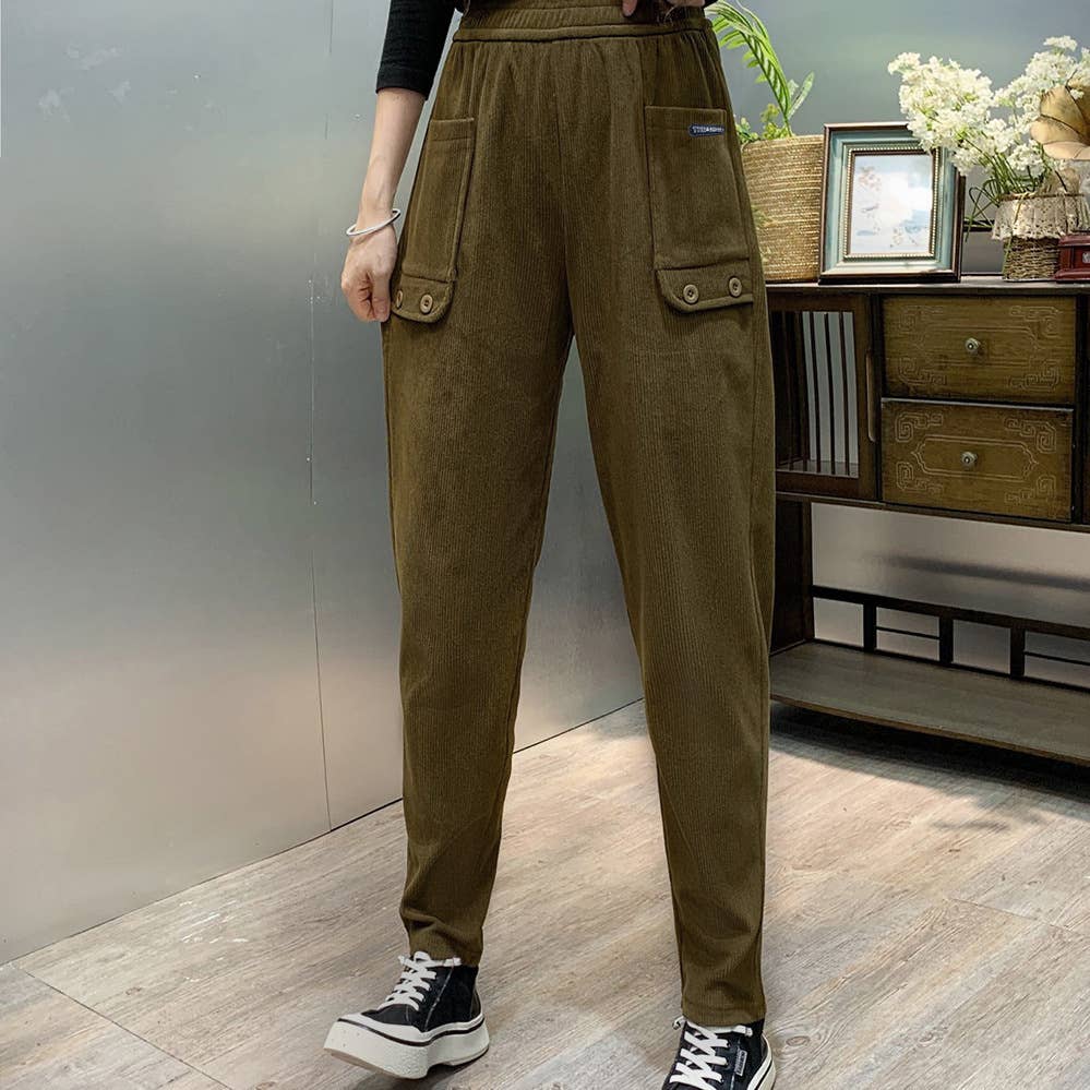 CORDUROY ELASTIC-WAISTED STRAIGHT TUBE PANTS