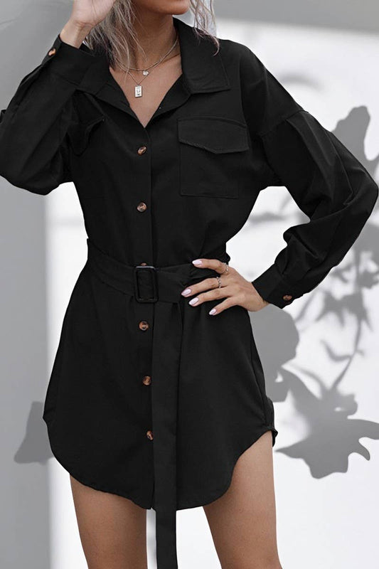 CWTDSL00029_VINTAGE SLIM FIT LONG SLEEVE BLACK SHIRT DRESS