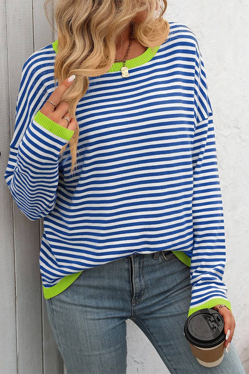 CWOSWL4272_ROUND NECK STRIPED CONTRAST COLOR CASUAL SWEATER