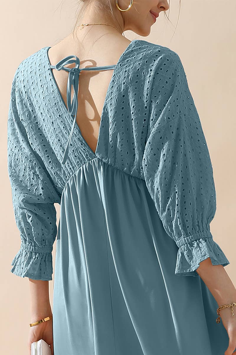 CWDMD795_3/4 SLEEVE V NECK LONG DRESS