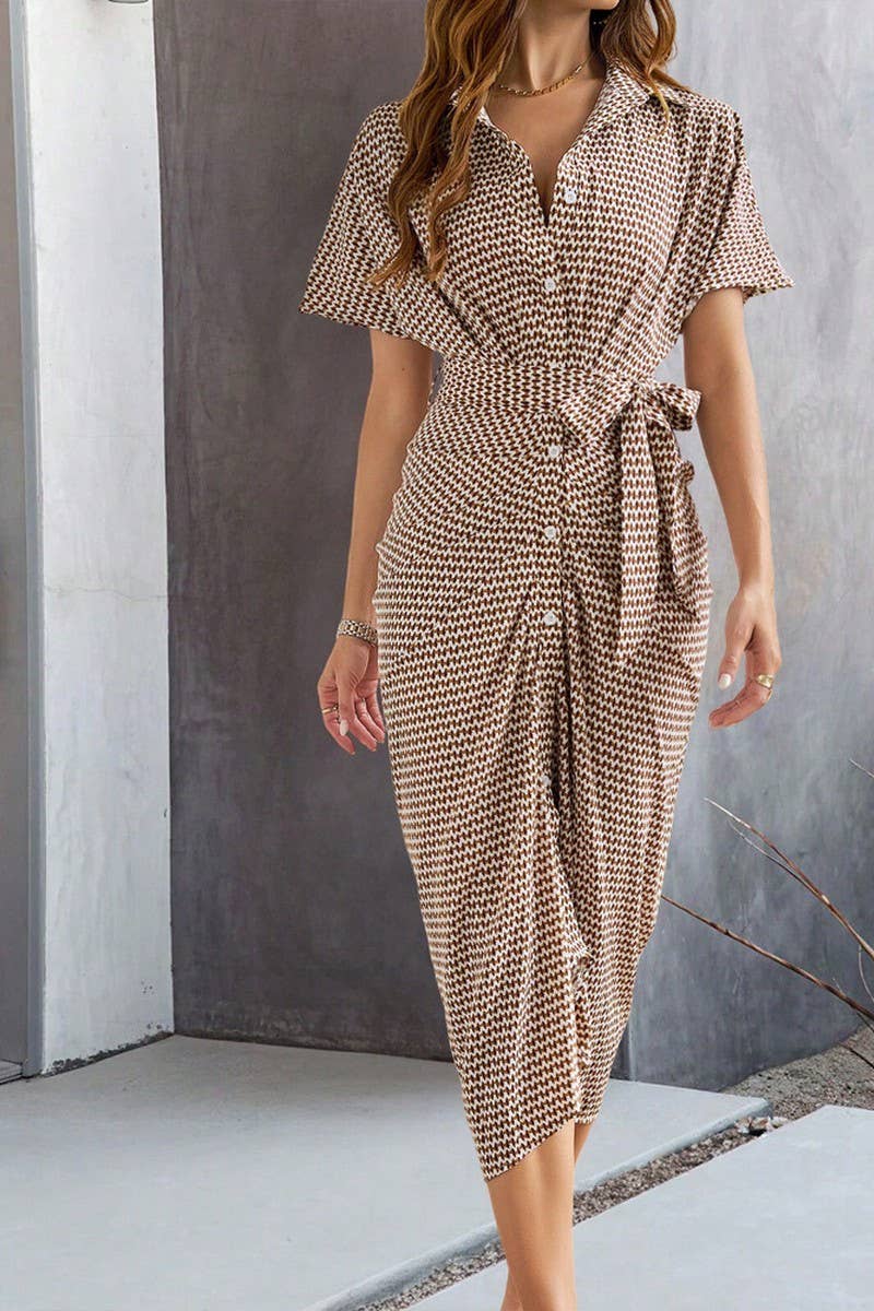 CWDMD6454_V-NECK HIGH WAIST ELEGANT BUTTON-DOWN DRESS