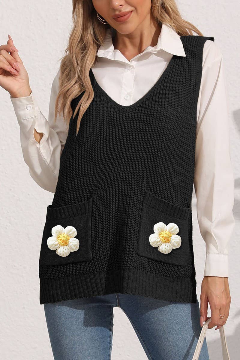 CWOJA00766_WOMEN V-NECK CROCHET PATCHWORK KNIT VEST