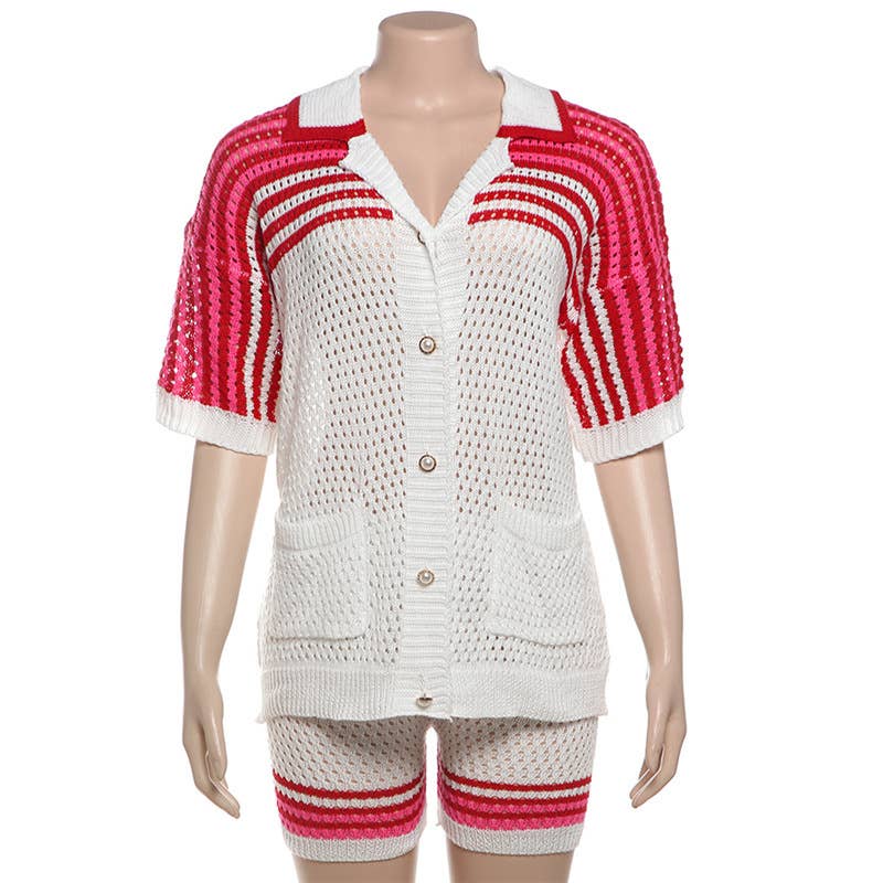 CUT-OUT LAPEL TOP HIGH-WAISTED SHORTS KNIT SUIT