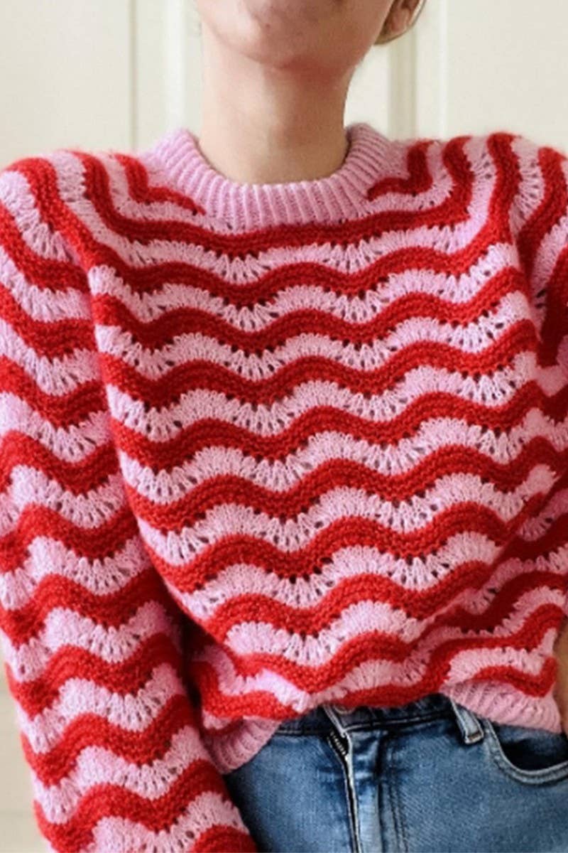 CWOSWL07449_CREW NECK WAVY STRIPE CASUAL KNIT SWEATER