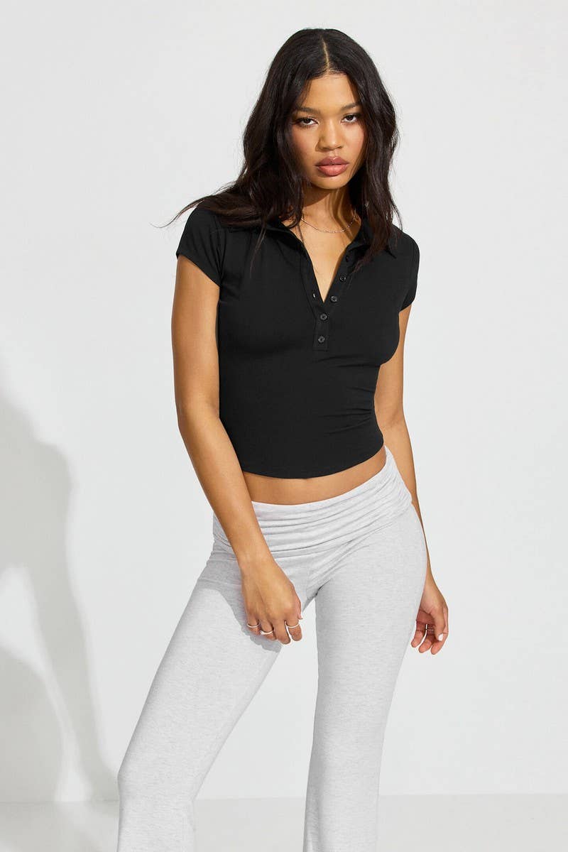 CWTTSL0456_POLO COLLAR BUTTON SPORTS WAIST VERSATILE TOP