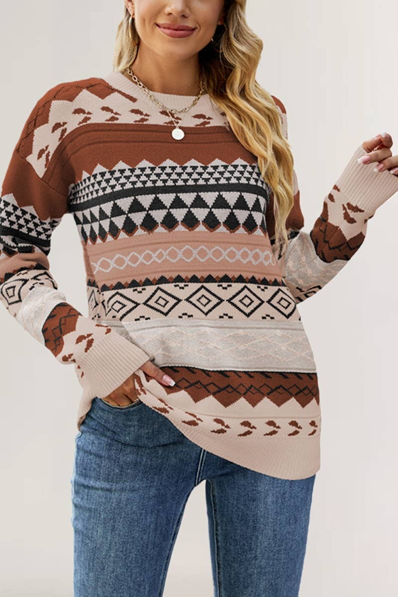 CWOSWL5878_KNITTED DIAMOND SHAPE LONG-SLEEVED SWEATER