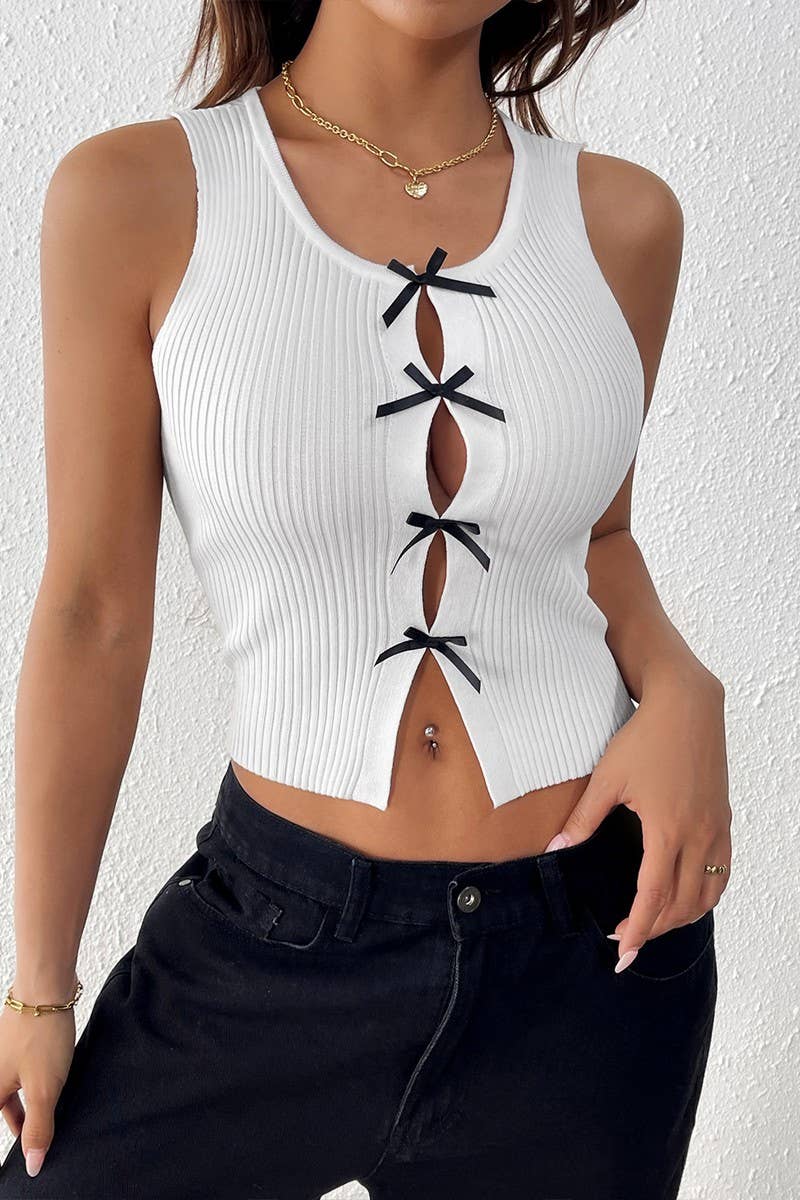 CWTBLSL0613_SOLID COLOR BOWKNOT PATCHWORK HOLLOW SLIM VEST