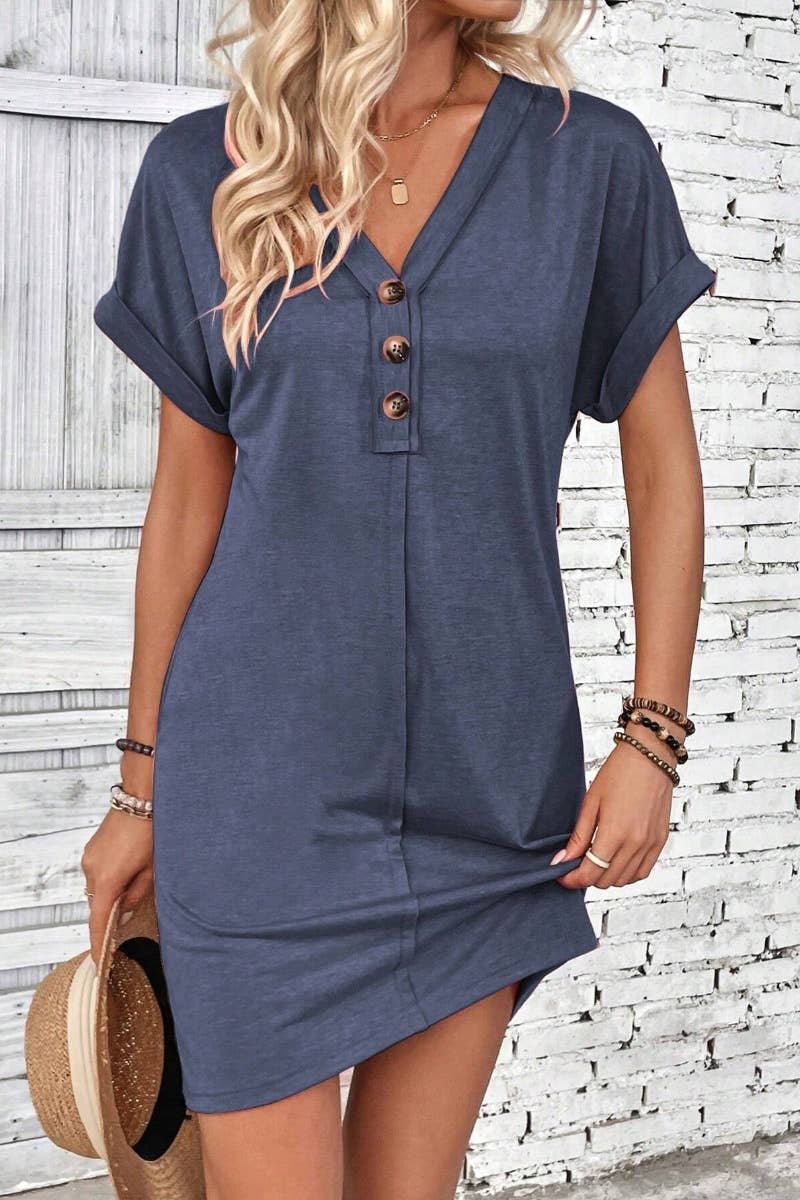 CWDSD4862_SUMMER V-NECK BUTTON-UP SHORT-SLEEVED DRESS SHORT